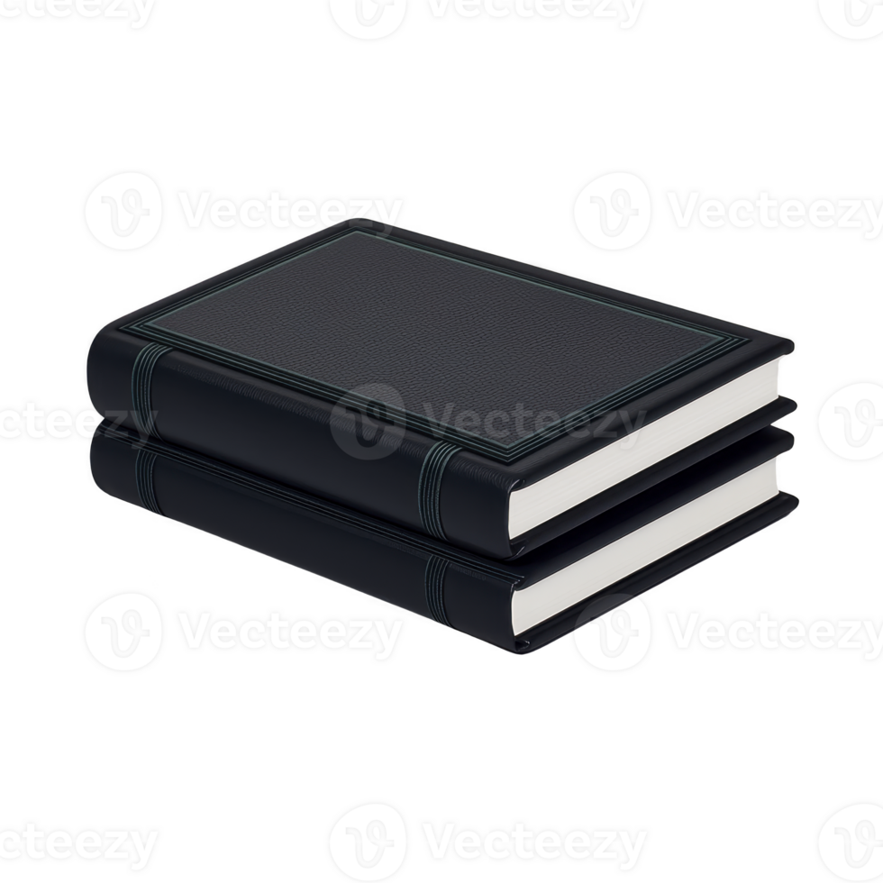 Stack of two black hardcover books with textured cover and white pages is shown, reflecting on surface. books are neatly aligned, suggesting organization and knowledge png