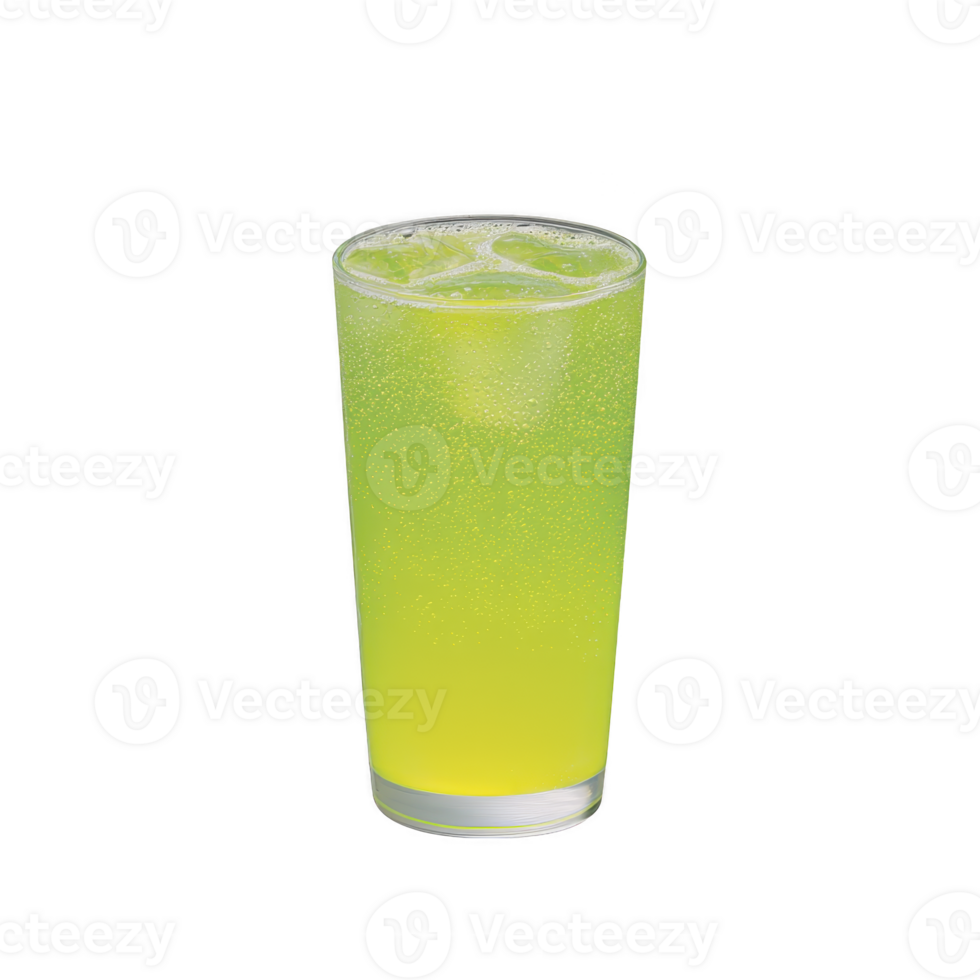 Refreshing glass of bright green soda with ice cubes, showcasing fizzy and vibrant appearance. drink is served in clear glass, highlighting its effervescent texture png