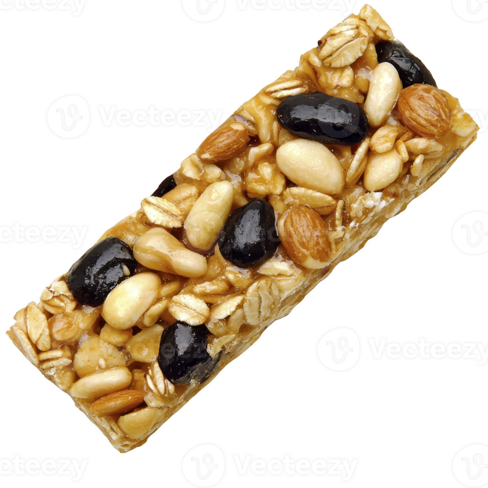 Delicious granola bar with almonds, peanuts, oats, and dark chocolate chips, offering nutritious snack option png