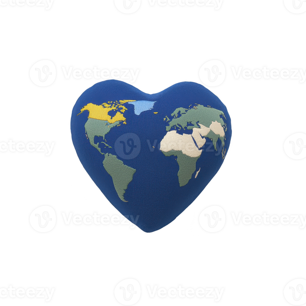 Heart shaped globe with continents depicted on blue background symbolizes global love and unity. design creatively merges concept of world geography with affection png