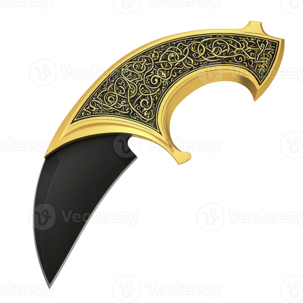 Ornate, curved knife with black blade and intricate gold handle design, showcasing elegant craftsmanship and decorative patterns png