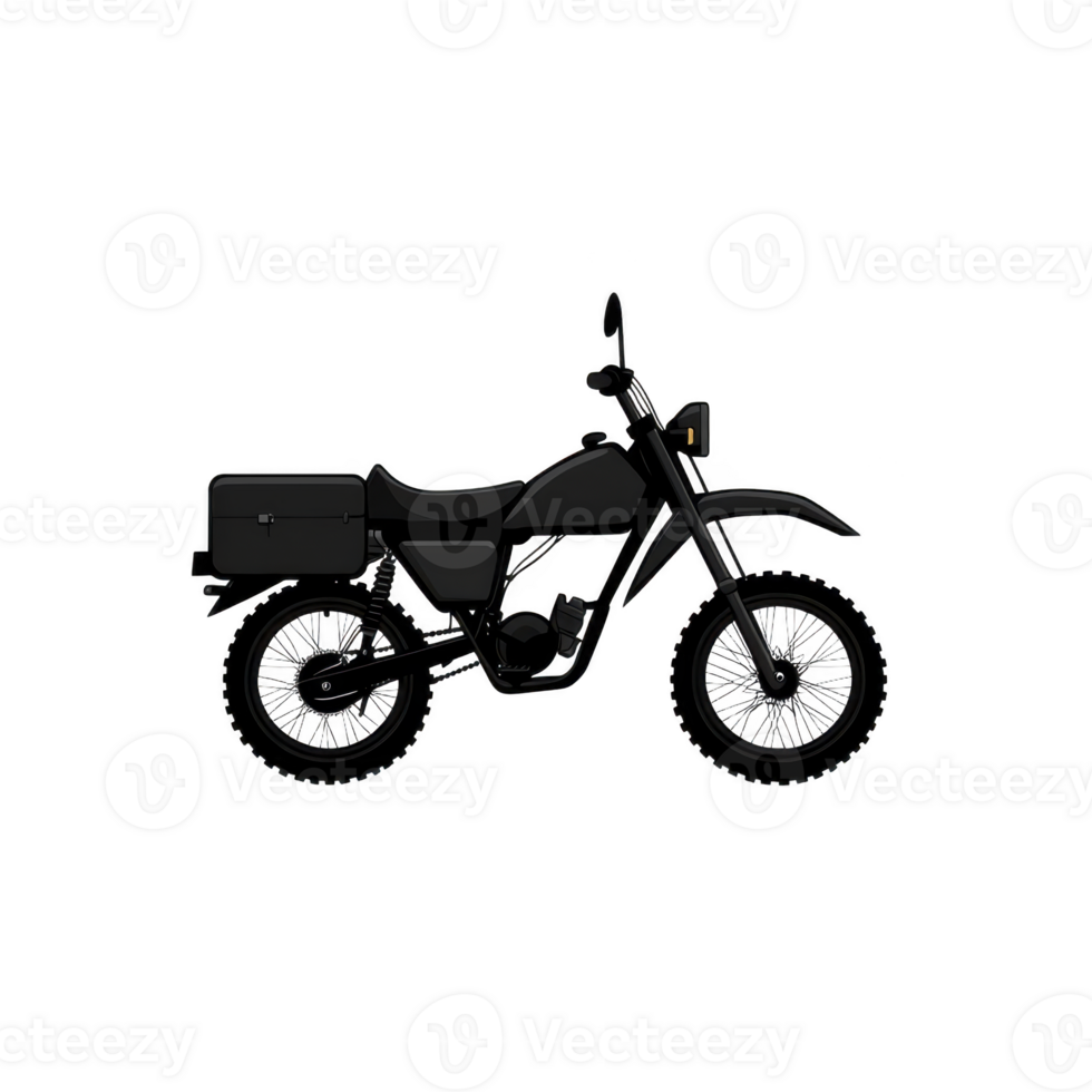 Black silhouette of motorcycle with rugged design, featuring off road tires and sturdy frame, evokes sense of adventure and freedom png