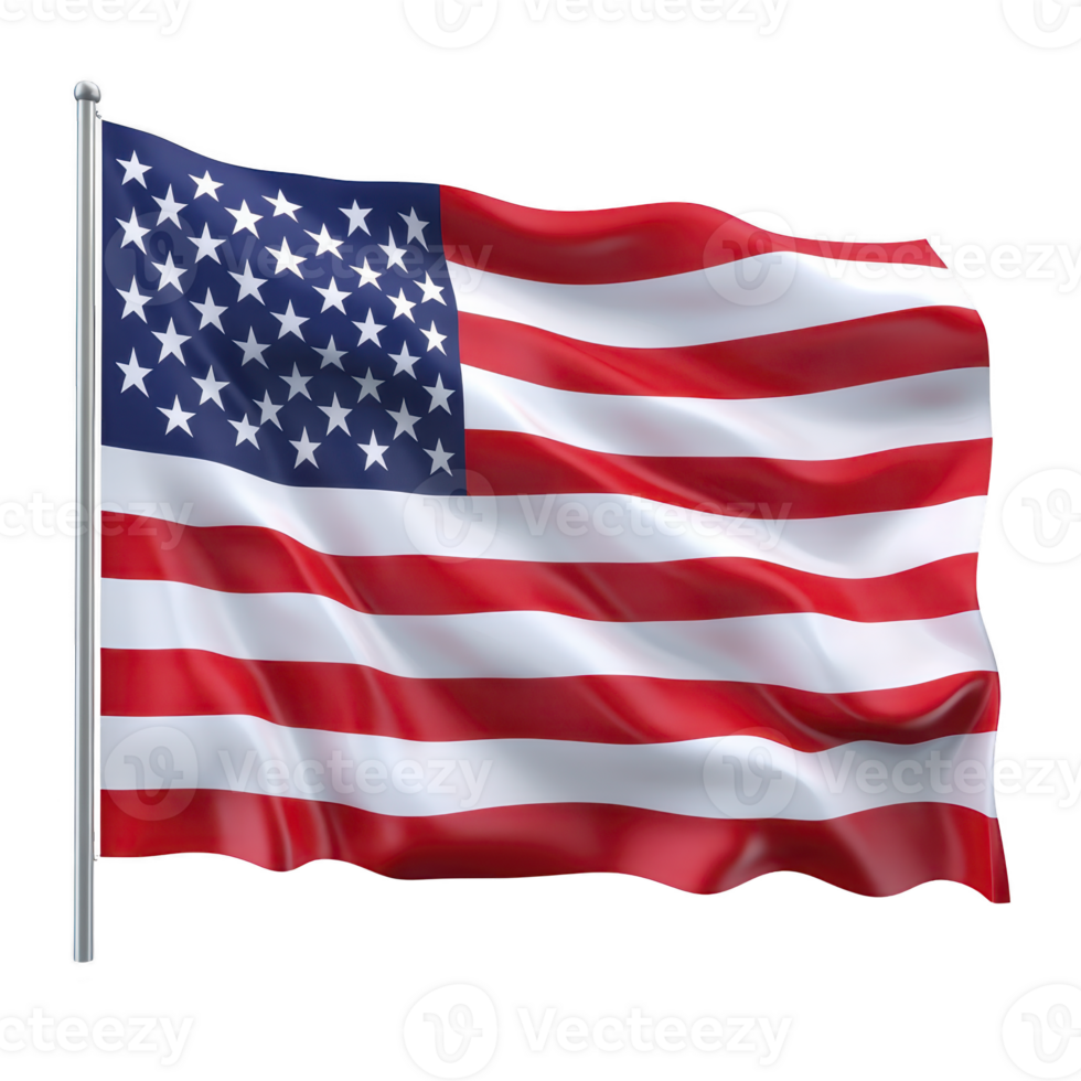Image shows United States flag waving in wind, featuring red and white stripes with blue field of white stars. flag symbolizes freedom and patriotism png