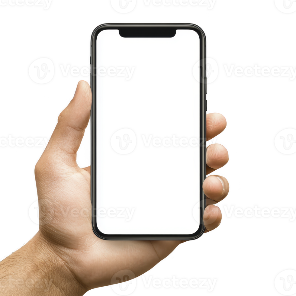 Hand holding modern smartphone with blank white screen, isolated on transparency background. image focuses on phone sleek design and hand grip, emphasizing technology and connectivity png