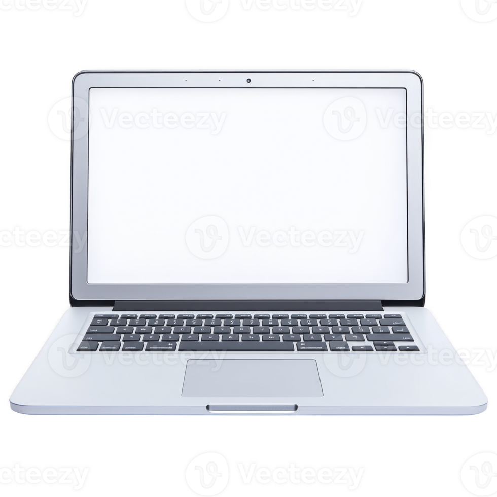 Sleek silver laptop with blank white screen, featuring black keyboard and touchpad, isolated on transparency background. Ideal for technology and business concepts png