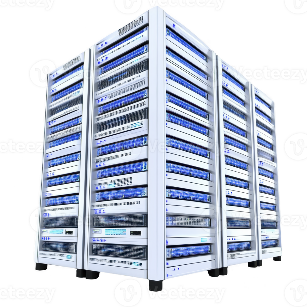 Large, modern server rack with multiple units is shown, featuring blue LED lights and sleek design, representing advanced data storage and computing technology png