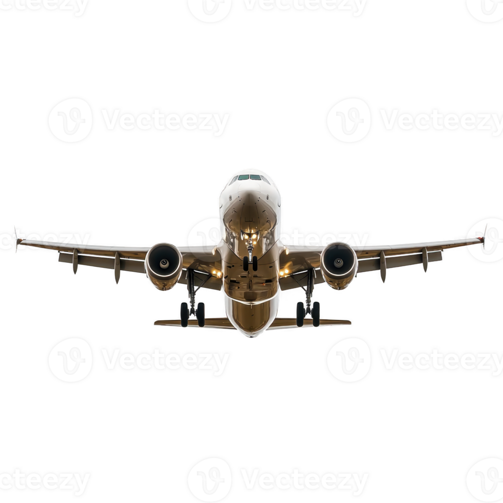 Commercial airplane with sleek design is captured head on, showcasing its aerodynamic structure and powerful engines. image highlights aircraft modern engineering and impressive scale png