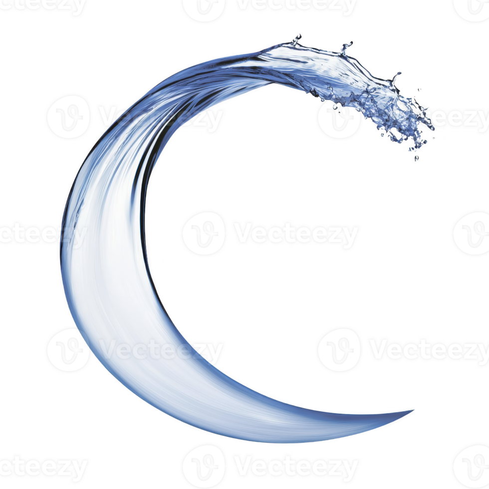 Dynamic splash of water forms graceful crescent shape, showcasing fluid motion and energy. clear blue tones and smooth curves create sense of freshness and vitality png