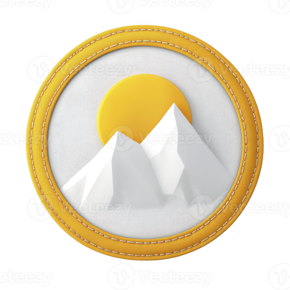 3D illustration features stylized white mountains and yellow sun within circular frame, evoking sense of adventure and exploration. design is modern and vibrant png