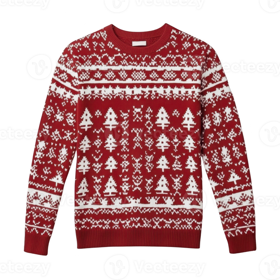 Red and white Christmas sweater with festive tree and snowflake patterns, perfect for holiday celebrations and cozy winter wear. knit design adds warmth and charm png