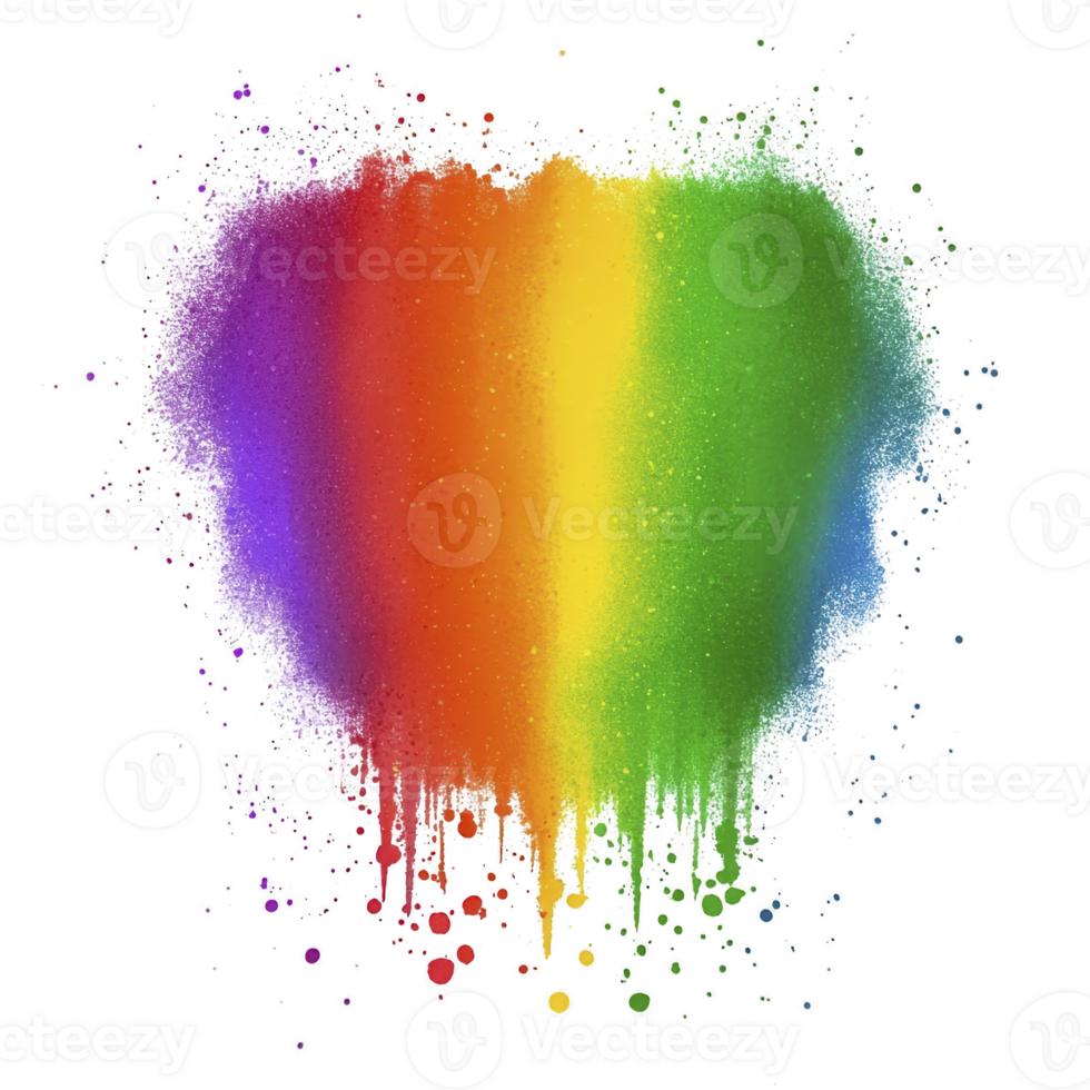 Vibrant splash of rainbow colors forms heart shape, with paint drips and splatters creating dynamic and artistic effect. vivid hues blend seamlessly, evoking sense of creativity and joy png