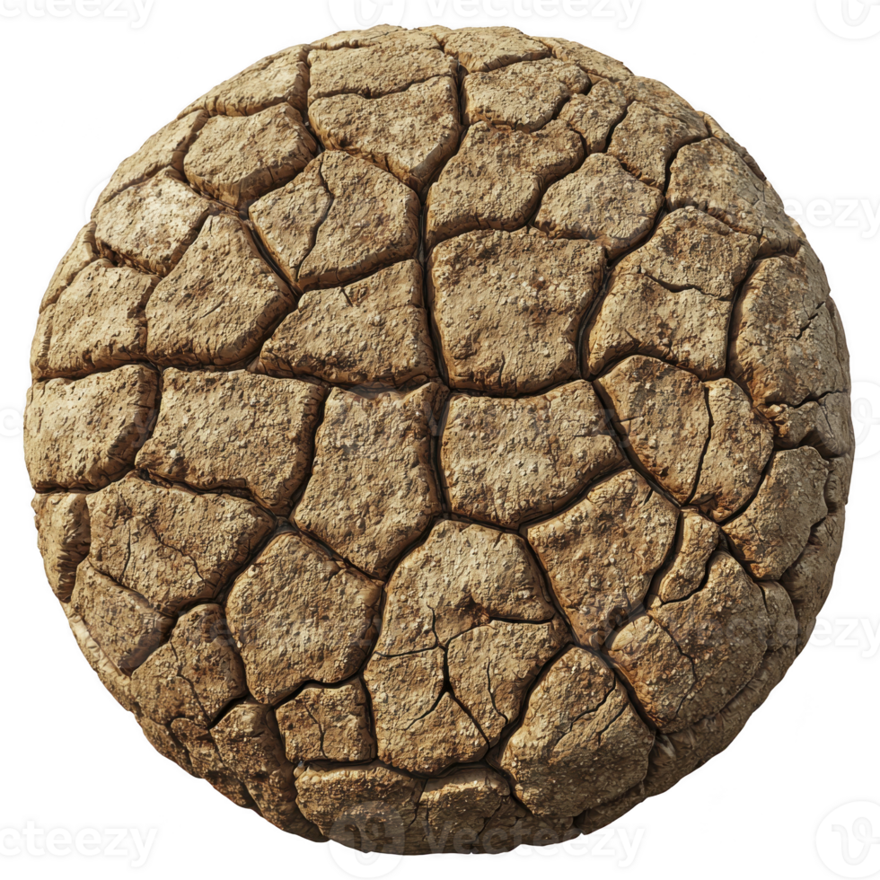 Cracked, dry earth texture sphere resembling parched desert surface, showcasing intricate patterns and earthy tones. This evokes sense of arid landscapes and environmental themes png