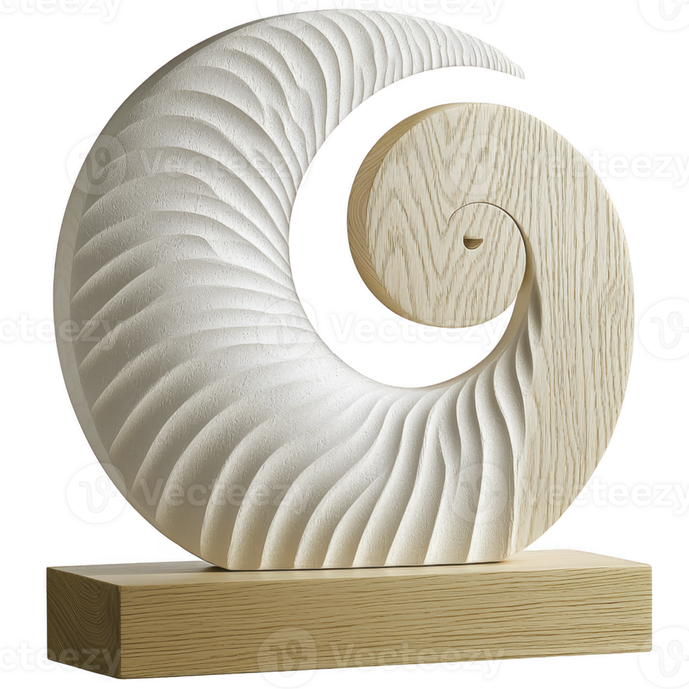 Beautifully crafted wooden spiral sculpture with intricate wave patterns, showcasing elegant craftsmanship and natural wood texture, set on simple wooden base png