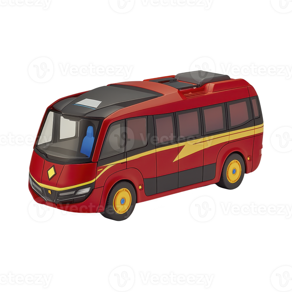 Red toy bus with yellow accents and sleek design, featuring blue driver seat and tinted windows, is shown. bus has modern appearance with lightning bolt graphic on side png