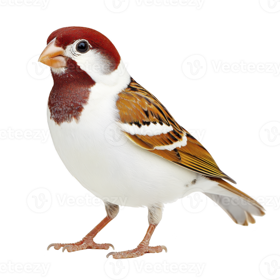 Vibrant sparrow with rich brown head, white underparts, and intricate feather patterns stands alertly. Its small size and sharp gaze capture essence of this common yet charming bird png