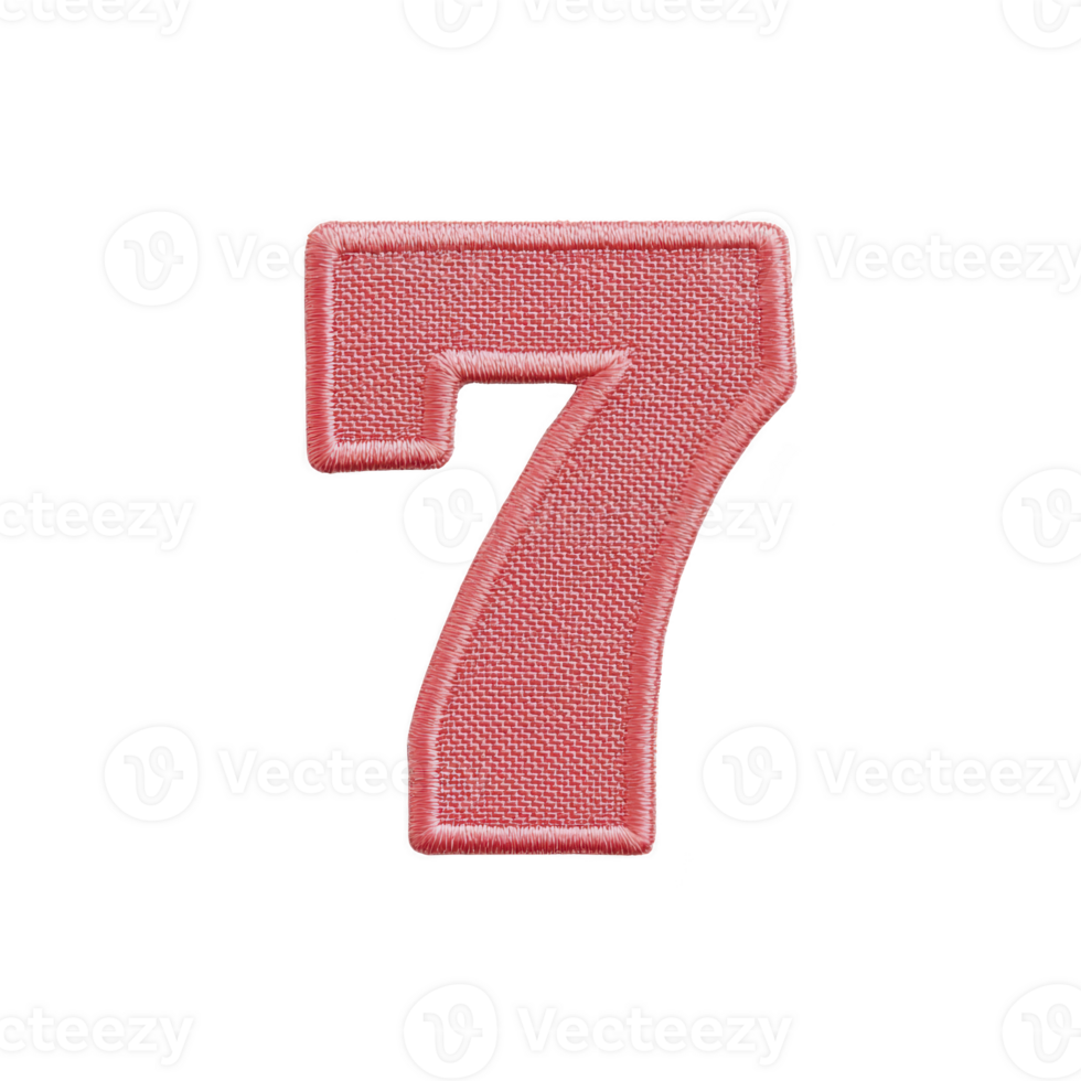 Pink embroidered number seven patch with textured fabric surface, outlined in lighter pink border, isolated on transparency background png