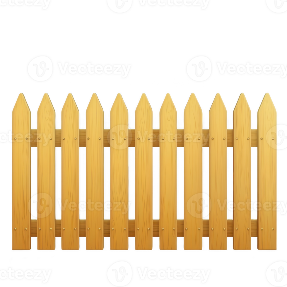Wooden picket fence with pointed tops stands against plain background, showcasing classic and rustic design. fence is made of vertical wooden slats, evenly spaced and connected by horizontal png