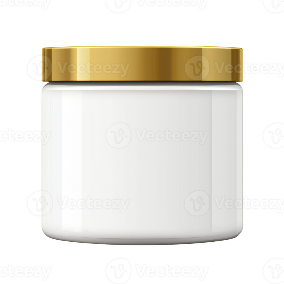 White cosmetic jar with shiny gold lid, perfect for storing creams or lotions, is displayed against plain background. elegant design suggests luxury and simplicity png