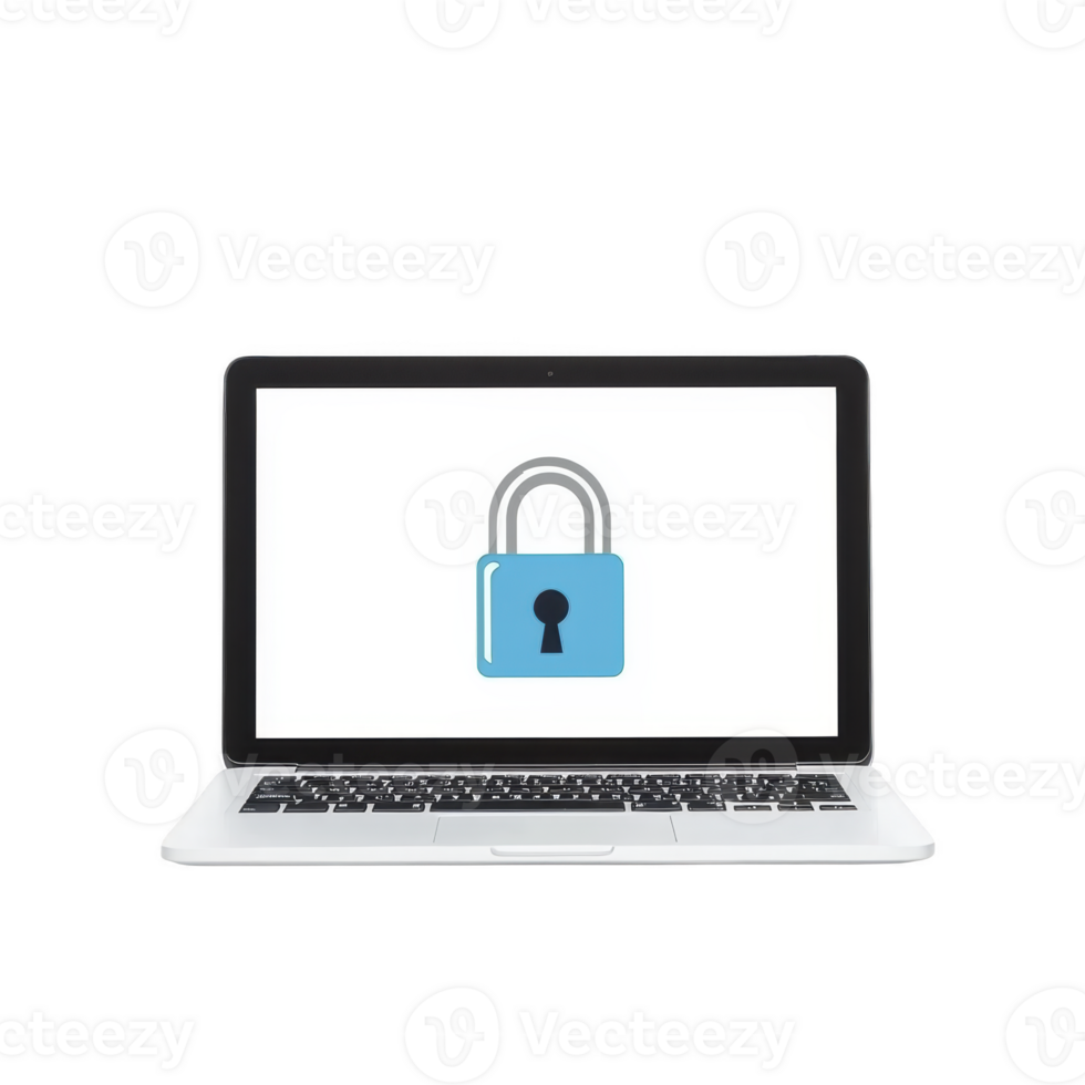 Laptop displaying blue padlock icon on screen symbolizes digital security and data protection. image conveys sense of safety and privacy in technology use png