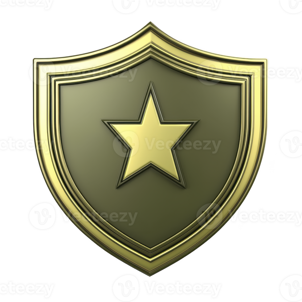 Gold and green shield with star in center symbolizes protection and security. metallic design and star motif convey strength and honor png