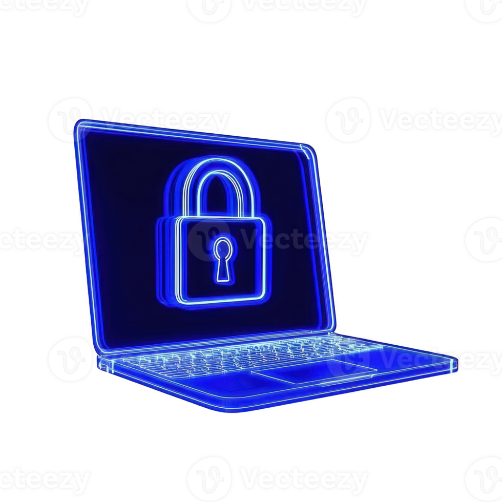Glowing blue laptop with digital padlock symbol on screen represents cybersecurity and data protection. image conveys sense of security and technological advancement png