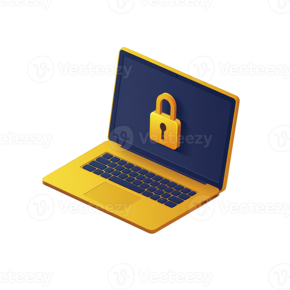 Yellow and blue laptop with lock icon on screen symbolizes cybersecurity and data protection. vibrant colors and 3D design convey modern, secure digital environment png