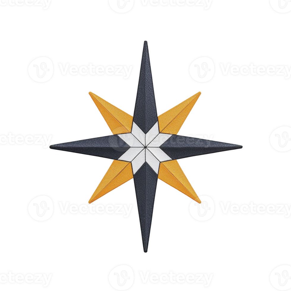 Geometric star design with eight points, featuring alternating dark blue and orange colors, creating striking and symmetrical pattern. star center is white, adding contrast png