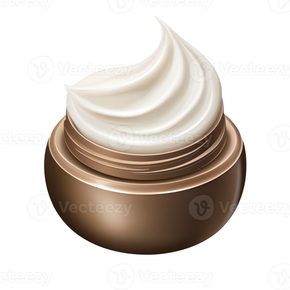 Luxurious, open jar of cream with smooth, white swirl, housed in elegant, metallic bronze container, suggesting skincare or cosmetic use png