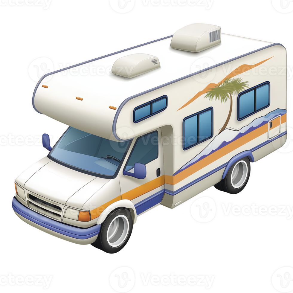 White recreational vehicle with colorful stripes and palm tree design is depicted, showcasing sense of adventure and travel. RV features large windows and rooftop vents png