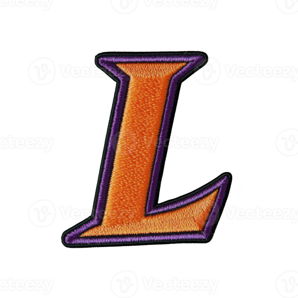 Image features embroidered letter L vibrant orange with purple outline, showcasing textured and colorful design. letter appears bold and stylized, suitable for decorative purposes.Orange png