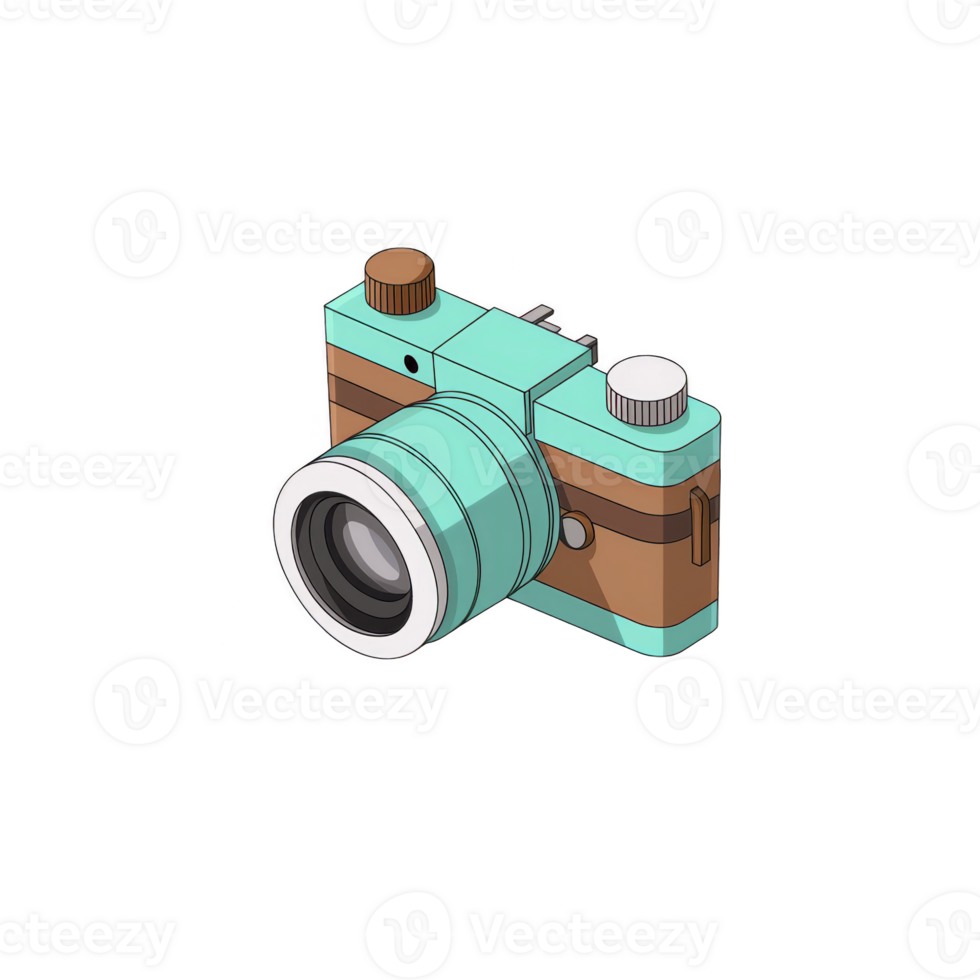 Vintage style camera illustration with teal and brown color scheme, featuring large lens and detailed design elements, evokes sense of nostalgia and creativity png