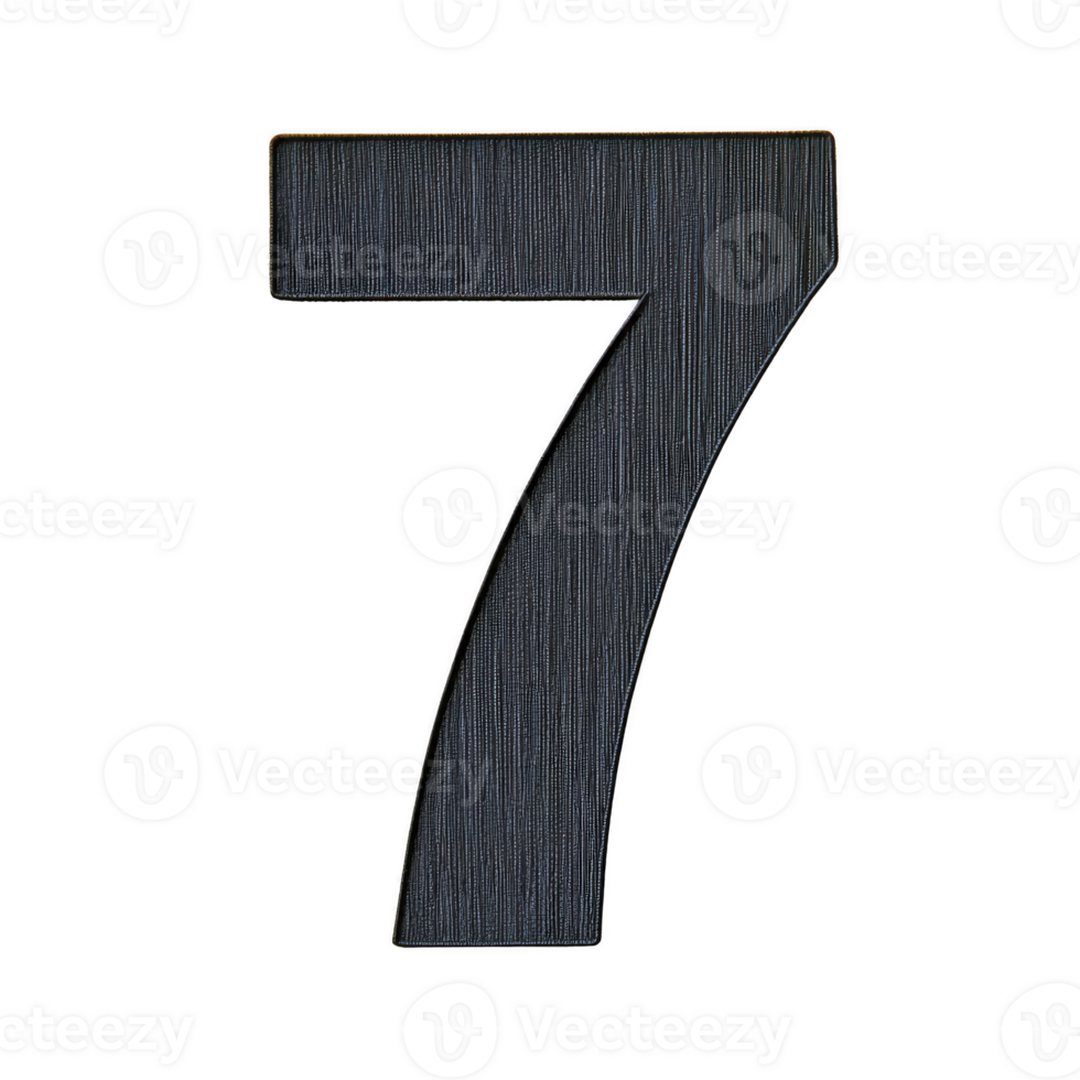 Large, textured black number seven stands prominently against transparency background, showcasing bold and modern design. number surface features subtle vertical lines, adding depth and interest png