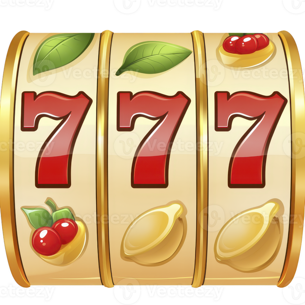 Slot machine display shows three reels with red sevens, cherries, lemons, and leaves, symbolizing winning combination. design is colorful and vibrant, evoking excitement and luck png