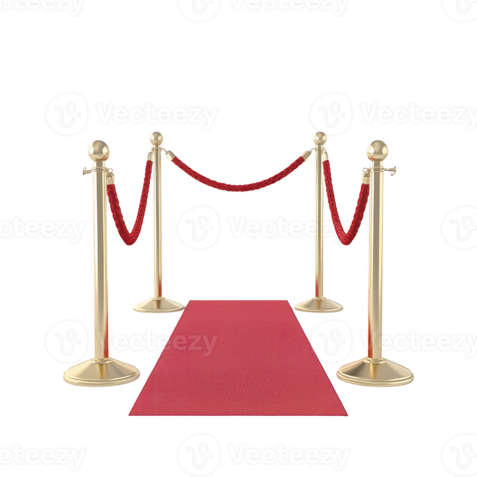 Luxurious red carpet is flanked by elegant gold stanchions with red velvet ropes, creating glamorous entrance png