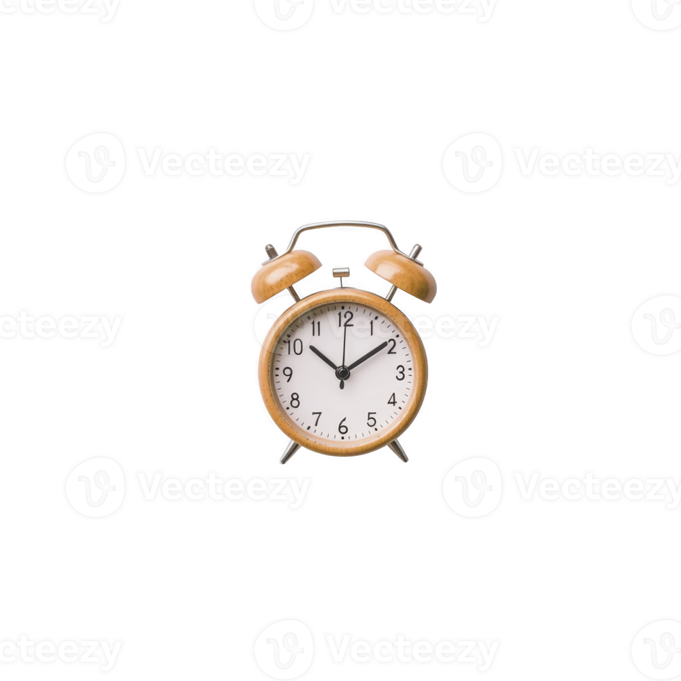 Vintage style alarm clock with classic design and twin bells, featuring white face and black numbers, set against plain background png