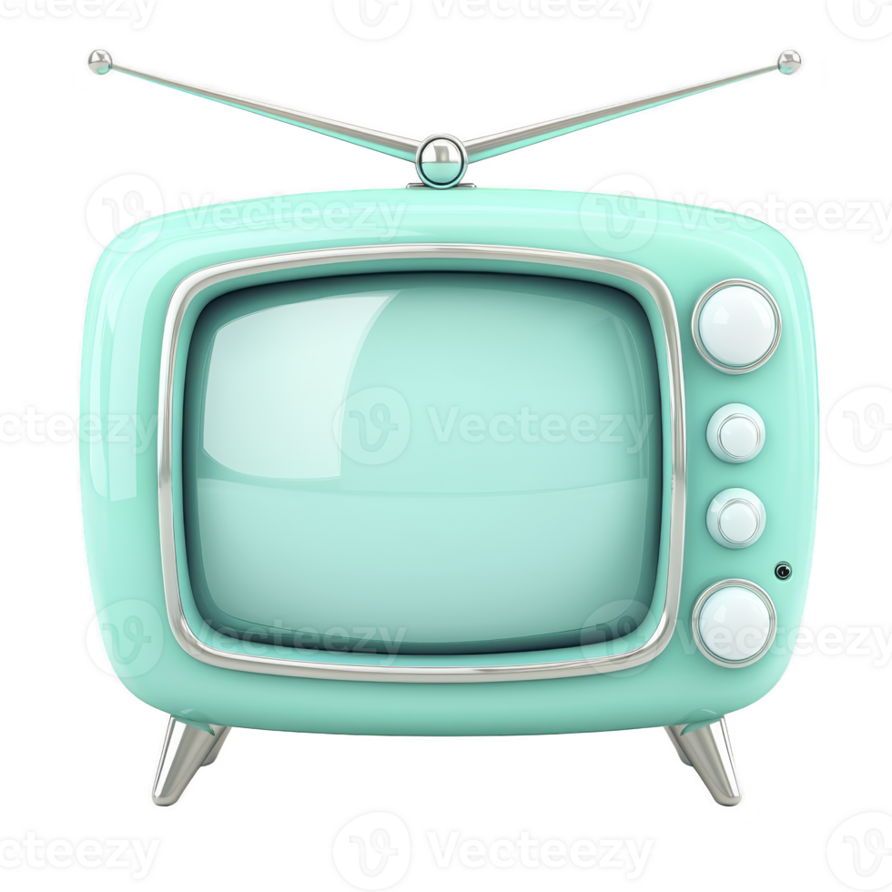 Retro style mint green television with chrome accents and antenna evokes nostalgia. vintage design features rounded edges and classic control knobs, capturing mid century aesthetic png