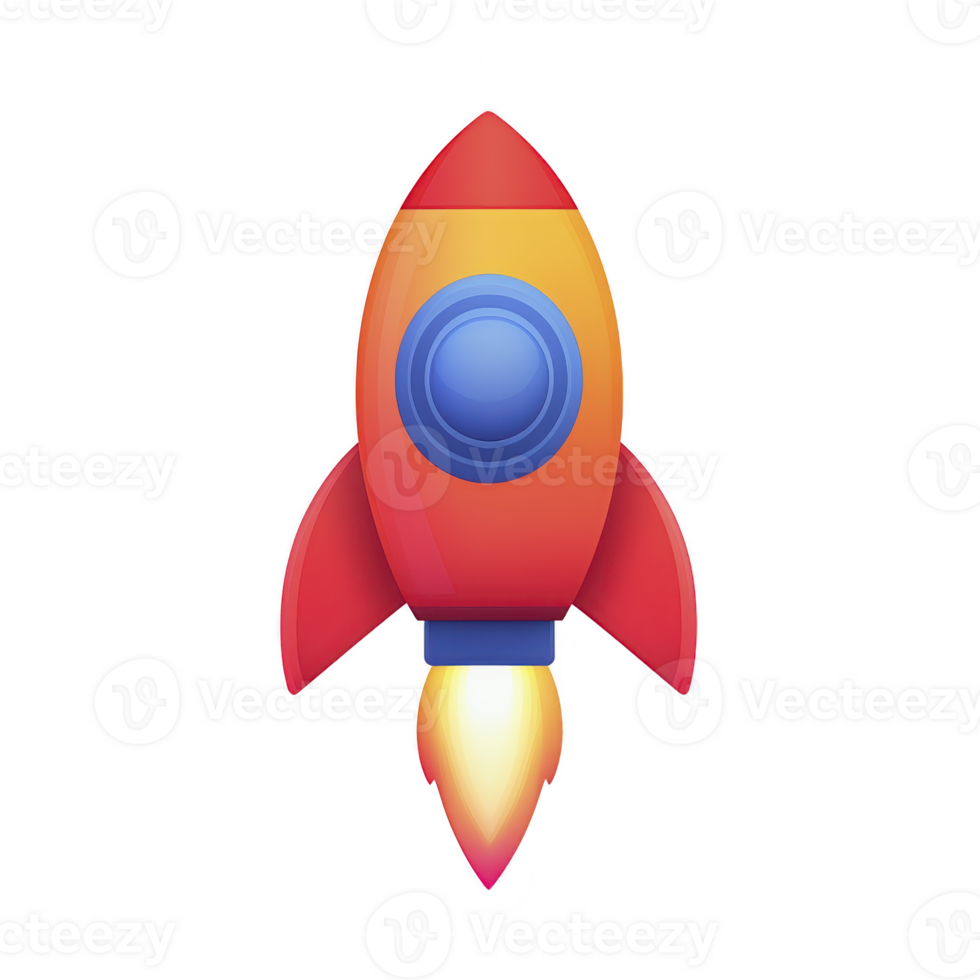 Colorful cartoon rocket with blue window and red fins is launching with bright flame, symbolizing innovation and exploration png