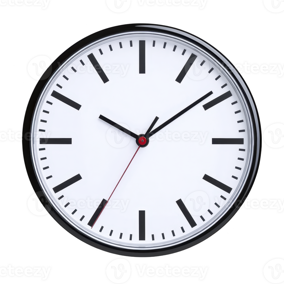 Round wall clock with white face and black hour and minute hands, featuring red second hand, displays minimalist design. clock is set against plain background png