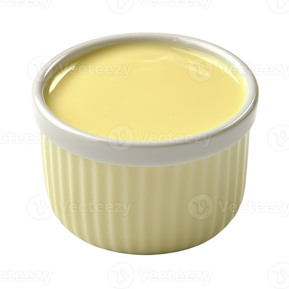 Small white ceramic ramekin filled with smooth, creamy custard, showcasing glossy surface. custard pale yellow color contrasts with white dish, creating inviting appearance png