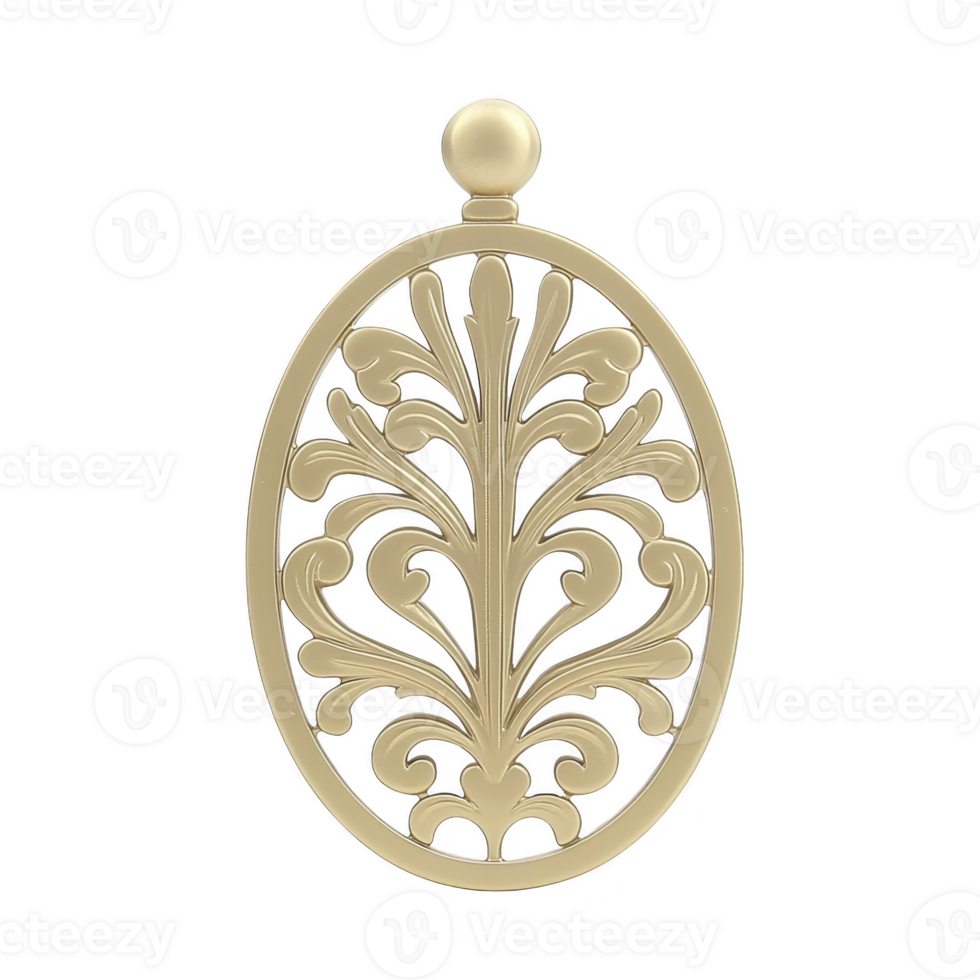 Elegant gold ornament with intricate floral patterns and oval shape, featuring symmetrical design and small round top. decorative piece exudes classic and sophisticated charm png