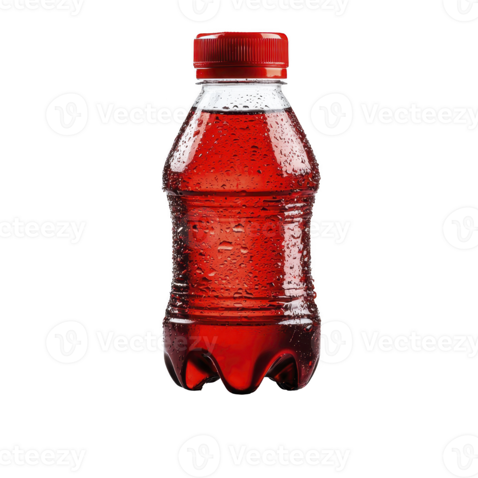 Small plastic bottle filled with red liquid, featuring red cap and condensation on surface, isolated on transparency background png