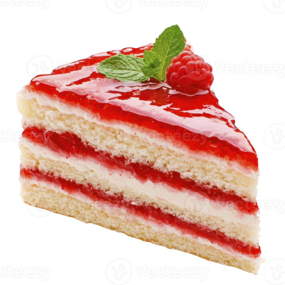 Slice of delicious raspberry cake with layers of sponge and cream, topped with glossy raspberry glaze and fresh mint leaves, evokes sense of indulgence png