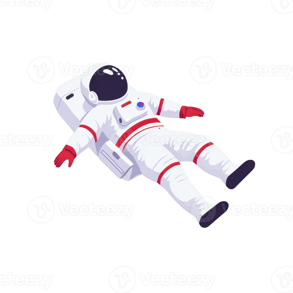 Astronaut in white spacesuit with red accents floats in space, showcasing sense of exploration and adventure. helmet is reflective, and suit is detailed with various equipment png