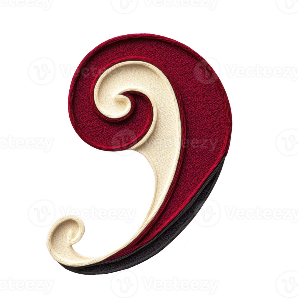 Decorative, embroidered red and cream swirl design with textured appearance, resembling stylized comma or musical note, set against transparent background png