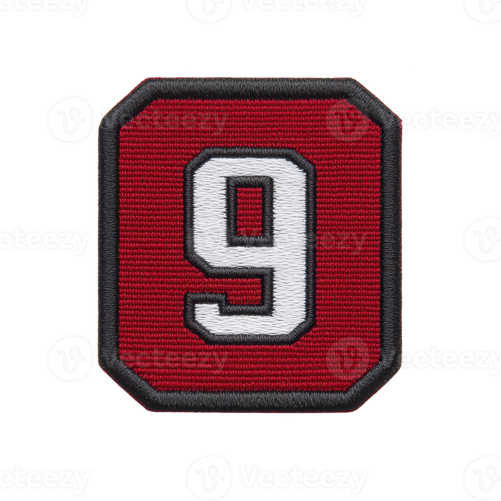 Red embroidered patch featuring bold white number nine with black border, symbolizing sports or team identification. design is simple yet striking, ideal for clothing or accessories png