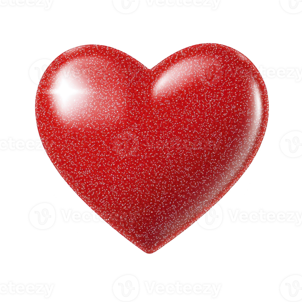 Shiny red heart with glossy finish and sparkling texture, symbolizing love and affection. heart shape is prominent against transparency background, creating striking contrast png