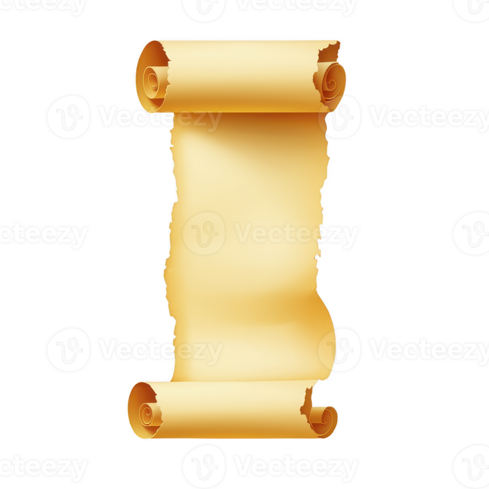 Ancient scroll with torn edges and weathered appearance, evoking sense of history and mystery. parchment is rolled at both ends, suggesting it might contain important or secretive information png