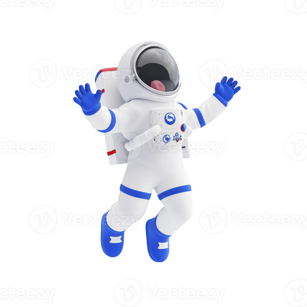 Cartoon astronaut in white spacesuit with blue accents joyfully floats in space, arms raised. helmet is reflective, and suit features various patches and backpack png