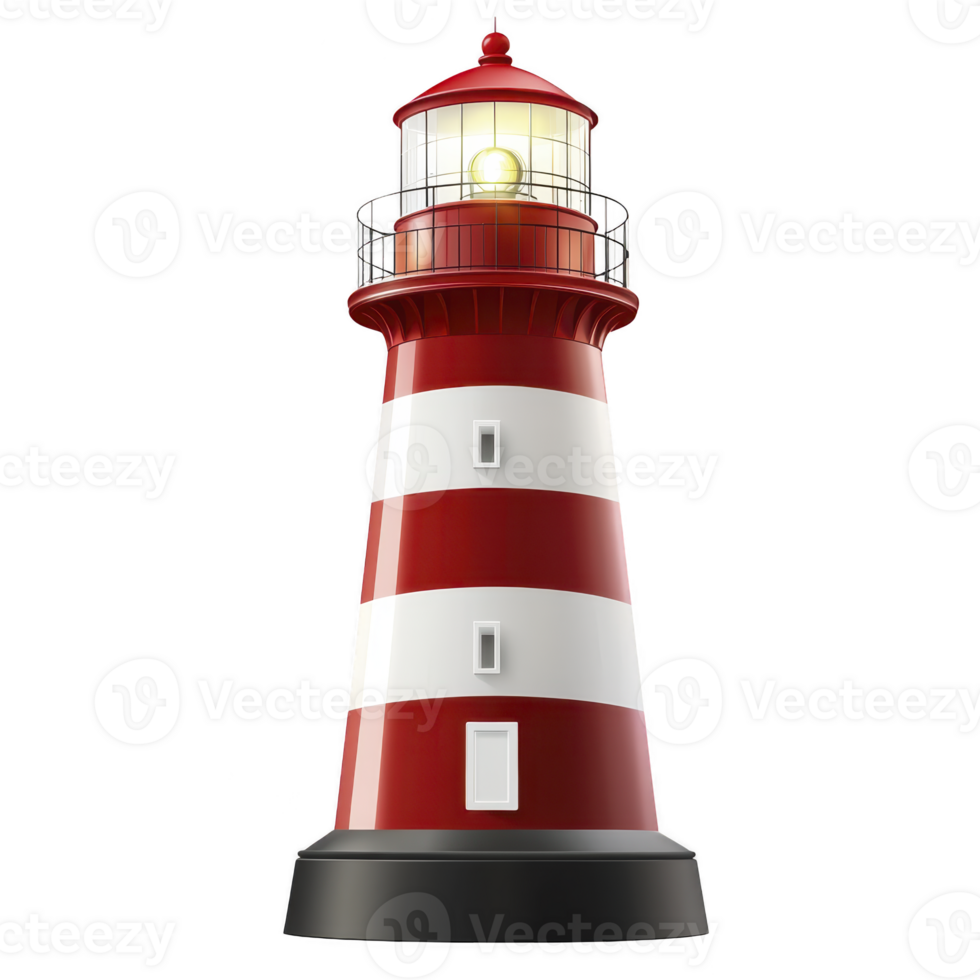 Red and white striped lighthouse stands tall with glowing light at top, symbolizing guidance and safety. structure is iconic and often found near coastlines png