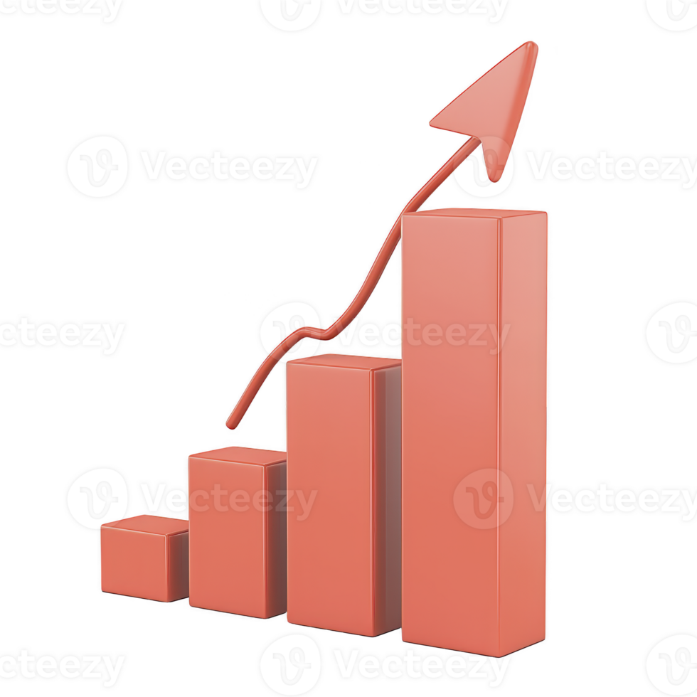 3D bar graph with upward arrow represents growth and success in business or finance. bars are in increasing height, symbolizing positive trends and progress png